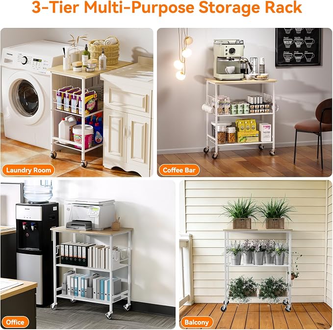 NTE Rolling Kitchen Microwave Cart, 3 Tier Microwave Stand with Storage, Small Kitchen Island on Wheels, Kitchen Storage Cart with 6 Hooks for Kitchen, Coffee Bar, Living Room, Balcony