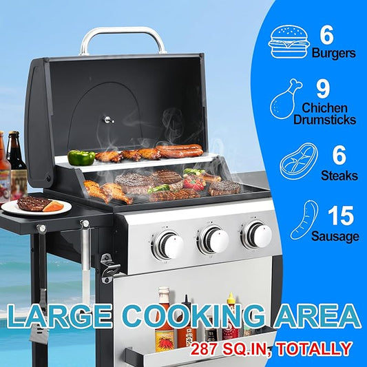 3 Burner Propane Gas Grill, Small Stainless Steel Portable BBQ Grill with Folding Side Table, Compact Gas Grill for Patio Balcony Camping, Easy Assembly with Wheels & Warming Rack