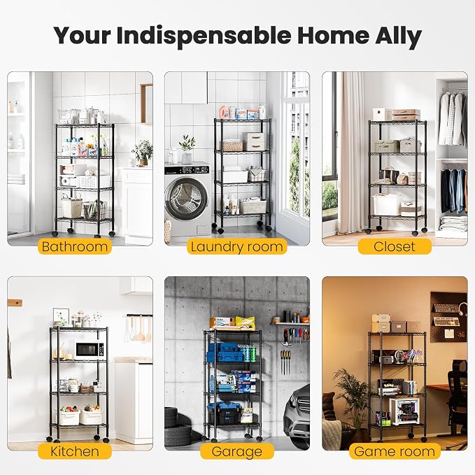 DUMOS 4-Tier Metal Storage Shelves, Wire Shelving, 23.2" W | Lockable Wheels, Adjustable Standing, Heavy Duty Steel Unit, Kitchen Bathroom Pantry Garage Organizers, 47.1"H