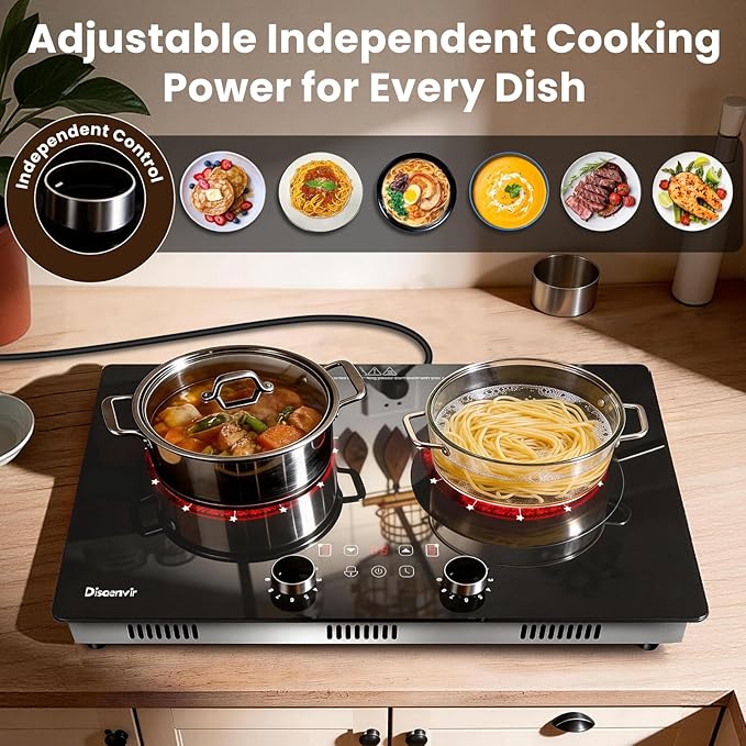 2 Burner Electric Cooktop 110V - 24 Inch(23.6"x 13.78") Ceramic Stove Countertop & Built-in(22"x 12.2"), 2000W Two Burner Cooktop with Touch & Knob Control, Timer, Safety Lock, 120V Plug in