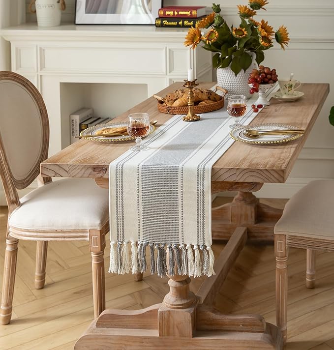 Caflife Boho Table Runner Grey Stripe for Modern Farmhouse Coffee Table Decor, Rustic Woven Runner with Handcrafted Tassels for Home Dining Table décor 13 x 60 Inch Long