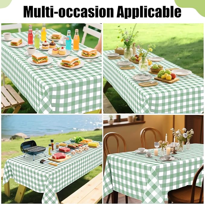 Smiry Picnic Table Cloth, Vinyl Tablecloths with Flannel Backing, 70"x120" | Waterproof Rectangle Table Cloth, Wipeable Buffalo Plaid Table Cover for Indoor and Outdoor (Sage Green & White)