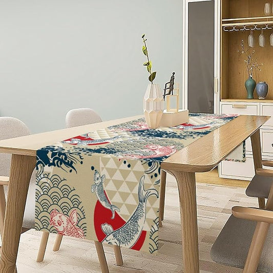 Koi Fish Table Runner Asian Chinese Japanese Wave Red Sun Seasonal Summer Holiday Dinner Runner for Farmhouse Kitchen Dinner Table Party Decoration 13x70in
