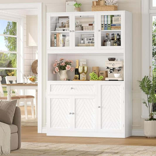 BOTLOG 72” Tall Kitchen Pantry Storage Cabinet with Painted Strip Door | Modern White Kitchen Hutch with Large Storage Drawer, Countertop, Adjustable Shelves for Dining Room, Living Room