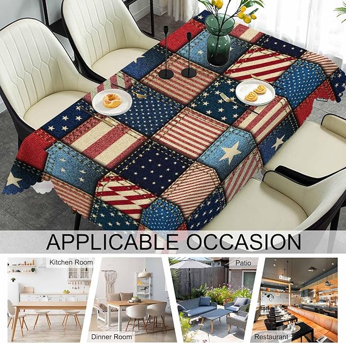 American Flag Tablecloth for Rectangle Tables Denim Patchwork of American Flag Picnic Table Cover Indoor and Outdoor Table Cloth Camping Tablecloths for Dinner Kitchen 52"X70"