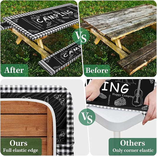 Picnic Table Cover with Bench Covers, Black Edges, 3PCS, 72 Inch | Waterproof Fitted Camper Outdoor Patio Camping Essentials Tablecloth with Drawstring Bag