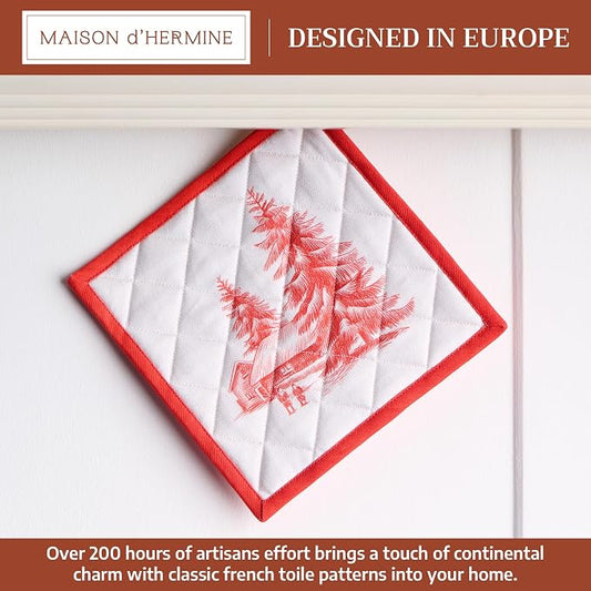Maison d' Hermine Pot Holders 100% Cotton Potholders (8" x 8", Pack of 1) | Heat Resistant Hot Pads with Loop BBQ Cooking Baking Hotel Kitchen Handling Hot Pans Thanksgiving Christmas - Winter Jouy