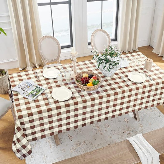 Softalker Gingham Checkered Tablecloth Square - Outdoor Waterproof Buffalo Plaid Table Cloth, Stain Resistant Washable Table Cover for Picnic, Camping, Dining - Coffee and White, 54 x 54 Inch