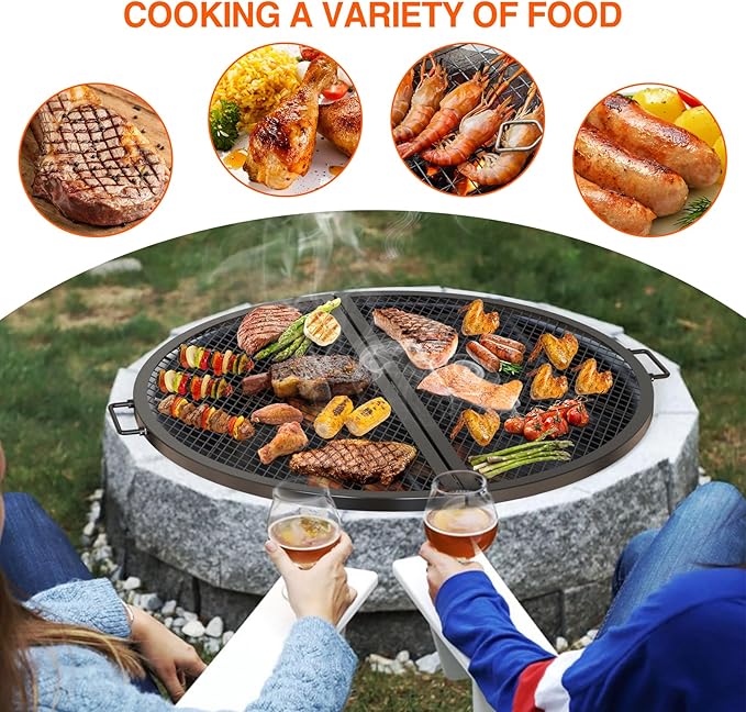 only fire X-Marks Fire Pit Cooking Grate, Foldable Round Grate for Outdoor Cooking, Portable Camping Cookware for Outside Party, Heavy Duty Steel Campfire BBQ Grill Grid with Handle, 36 inch