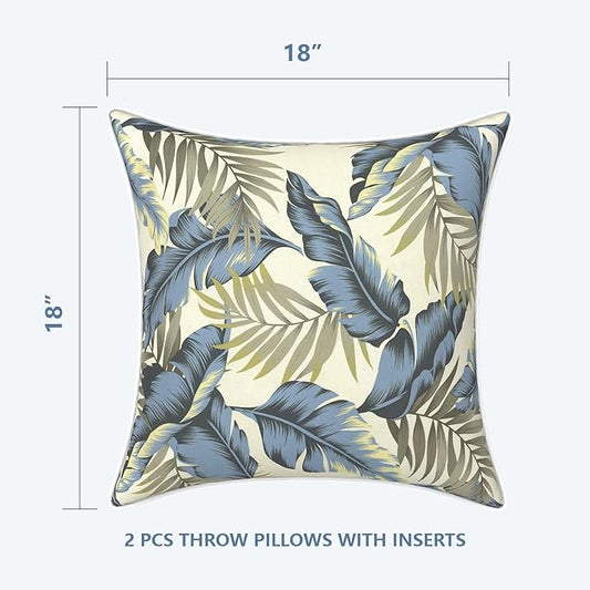 LVTXIII Outdoor Throw Pillows 18x18 Patio Waterproof Square Pillows with Piping Fade Resistant Accent Pillow for Spring Summer Garden Decoration, Set of 2, Lush Palm Blue