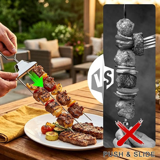 Skewers for Grilling, 3 Way Stainless Steel Grill Skewers with Push Slider & Bag, Reusable for Outdoor Camping