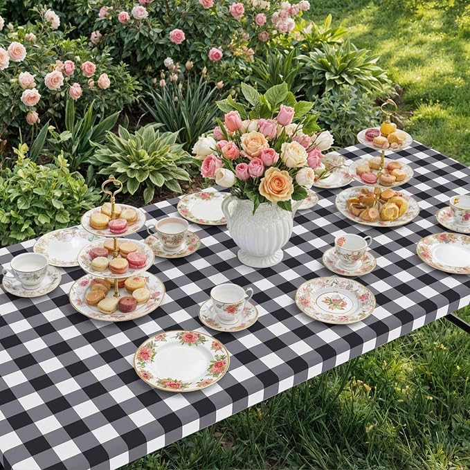 Smiry Rectangle Picnic Table Cloth, Elastic Waterproof Fitted Vinyl Tablecloths, Flannel Backed Buffalo Plaid Table Covers for Dining, Camping, Outdoor (Black and White, 18" x 72")