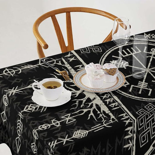Vintage Viking Pattern Tablecloth, Gothic Helm of Terror Scandinavian Viking Seasonal Table Cloth Waterproof Wipeable Table Cover for Picnic Holiday Party Kitchen Dining 60x110