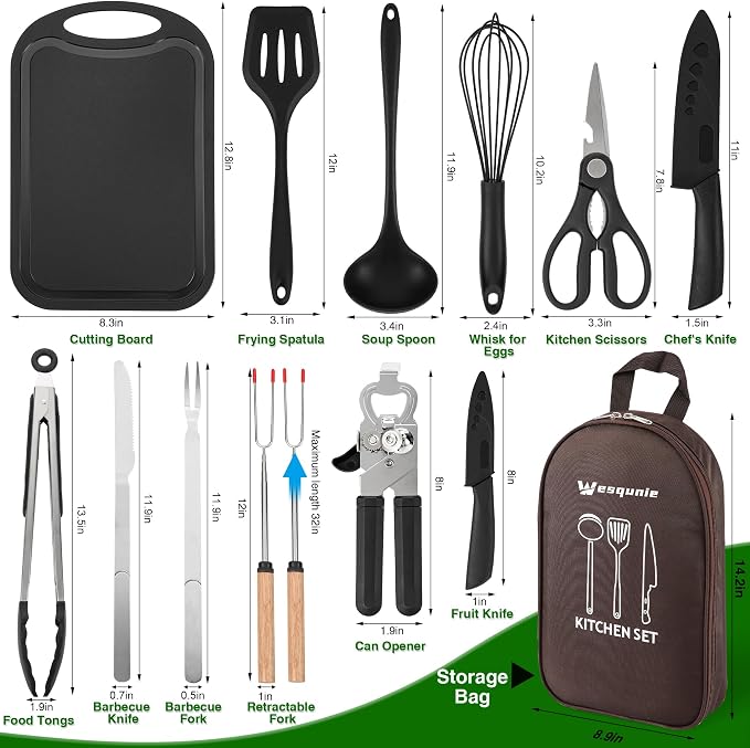 Camping Essentials Cookware Cooking Utensils Set - Portable Camp Kitchen Mess Kit Outdoor Accessories, Stainless Steel & Silicone, Camping Gear Equipment for RV Picnic Grill, Brown