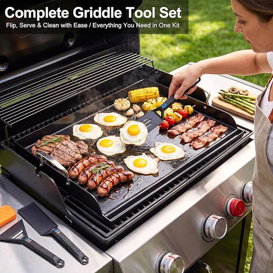 Cast Iron Griddle for Gas Grill with 5-Piece Silicone Griddle Tool Kit 25" x 16" Nano-Ceramic Nonstick Grill Griddle for Gas Charcoal Grills Flat Top Grill Accessories with Stainless Steel Core Tools