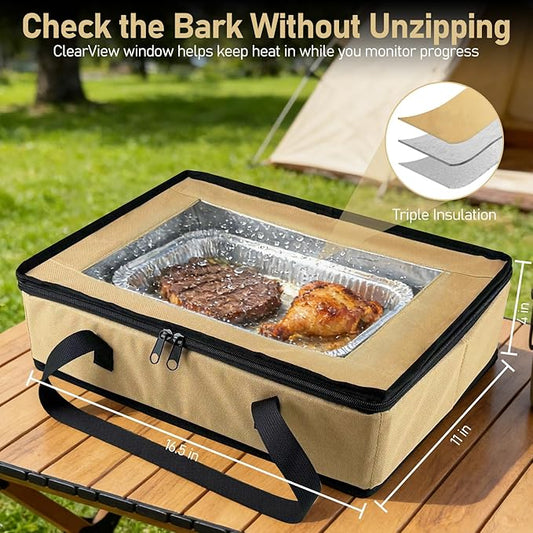 BANGIE BBQ Meat Resting Blanket & 9x13 Foil Pan Carrier - Leakproof Insulated Casserole Transport Bag with Visual Window, Rigid Hard Bottom - Birthday Father's Day Grilling Gifts for Men Dad, Khaki