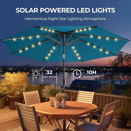 HOMSHADE 9ft Solar Patio Umbrella - Solar Lights LED Lighted Outdoor Market Table Umbrella, UPF50+ UV Protection with Push Button Tilt, Crank for Pool Deck and Garden (Peacock Blue)