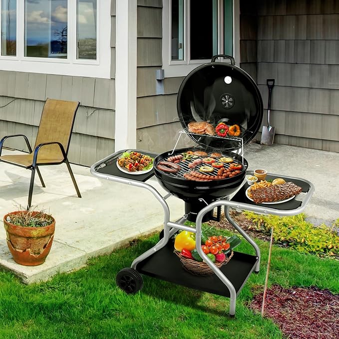 LEADZM 22.5 inch Kettle Charcoal Grill with Side Table&Ash Catcher, Portable Round Barbecue Grill with Wheels for Outdoor, Great for Small Patio Backyard, Camping, Picnics, Backyard BBQs, Black
