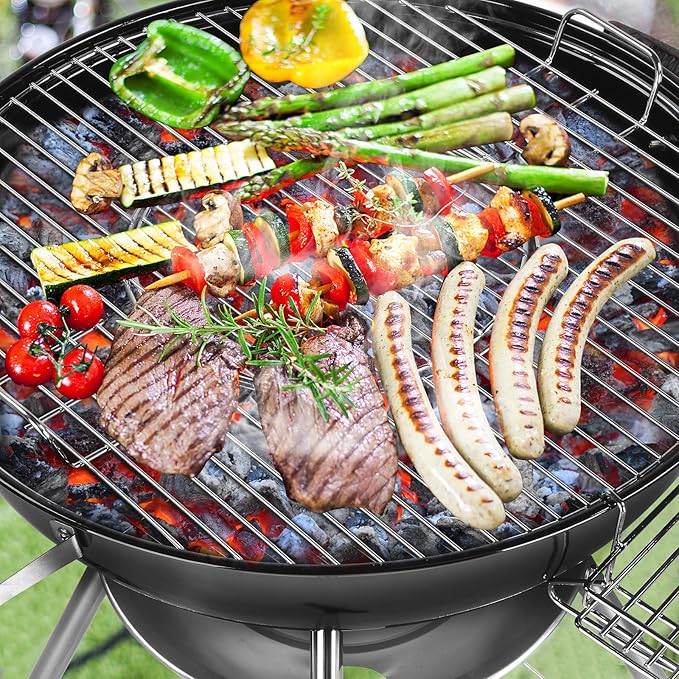 22 Inch Portable Charcoal Grill with Wheels for Outdoor Cooking Barbecue Camping BBQ Coal Kettle Grill with Grilling Bowl Wheels for Patio Backyard