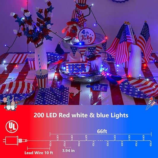 YEGUO Red White and Blue String Lights, 66ft 200 LED 4th of July Lights Outdoor Waterproof, 8 Modes Green Wire Patriotic Lights Plug in for Indoor Independence Memorial Day
