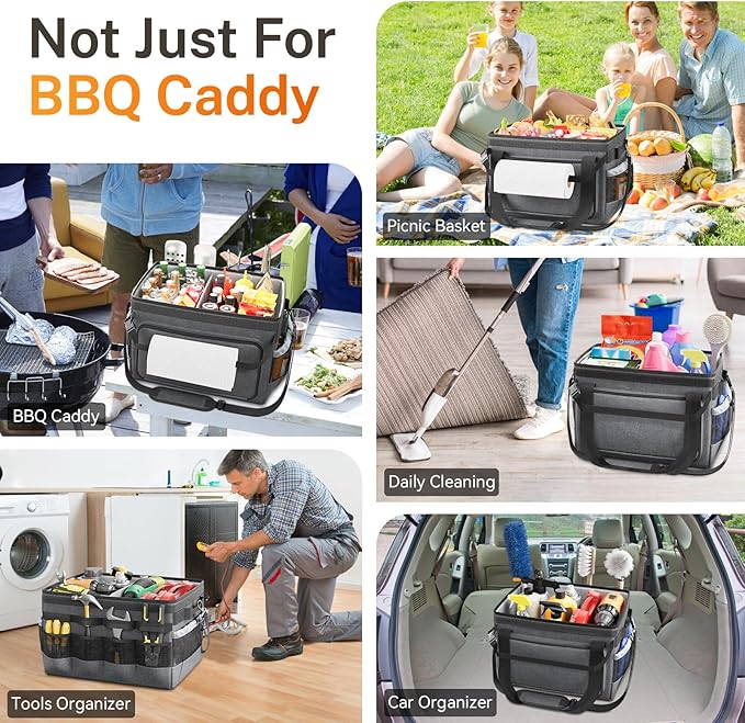 Large Grill Caddy with Lid, Foldable Organizer with Paper Towel Holder For Outdoor Picnic Camp Kitchen Accessory Storage, for BBQ Enthusiast, Black
