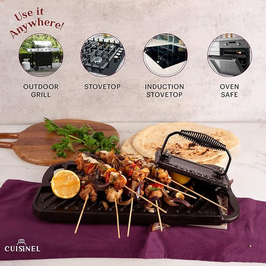 Cuisinel Cast Iron Griddle/Grill + Burger Press + Pan Scrapers - Reversible Pre-Seasoned 16.75" X 9.5"-inch Dual Handle Flat Skillet and Griller Pan + Cleaning Accessories - Indoor/Outdoor Stove Safe