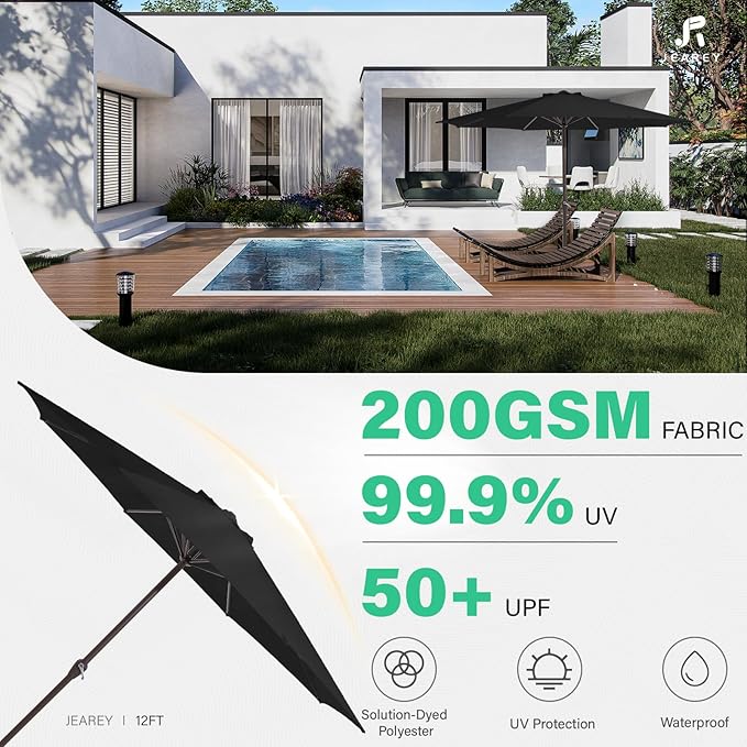JEAREY 12' Patio Umbrellas Outdoor Table Market Umbrella w/Crank, 8 Sturdy Ribs, UV Protection Windproof for Garden, Deck, Backyard, Pool(Black)