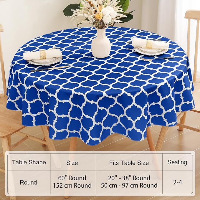 Smiry Round Plastic Table Cloth, Waterproof Vinyl Tablecloth with Flannel Backing for Round Tables, Wipeable & Spillproof for Dining, Camping, Indoor and Outdoor (60" Round, Blue)