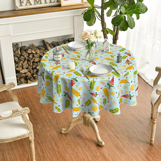 Horaldaily Summer Tablecloth 60 x 60 Inch Round Tropical Popsicle Ice Cream | Orange Sunshine Blue White Seasonal Washable Table Cover for Party Picnic Dinner Decor