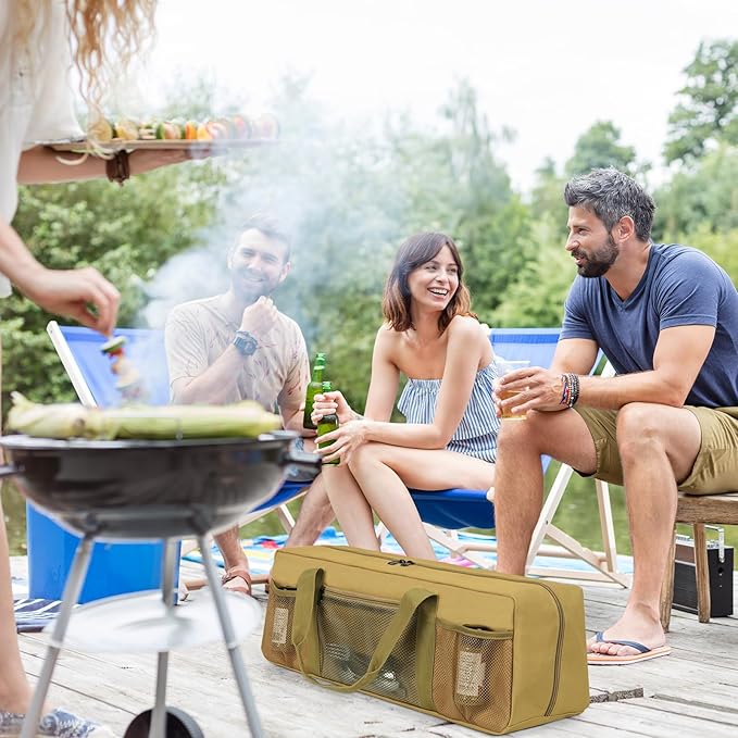 Grill Tool Storage Bag, Large Grill Utensil Storage Caddy with Pockets, Portable Grill Accessory Storage Bag for Outdoor Camping & BBQ (Brown)
