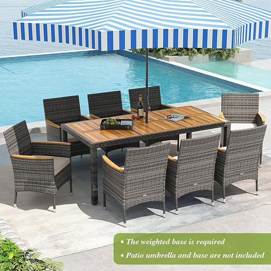 Tangkula 9 Pieces Outdoor Wicker Dining Set, Patio Dining Furniture Set with Acacia Wood Table and 8 Armchairs, Outdoor Table and Chairs Set with 1.96” Umbrella Hole and Cushions
