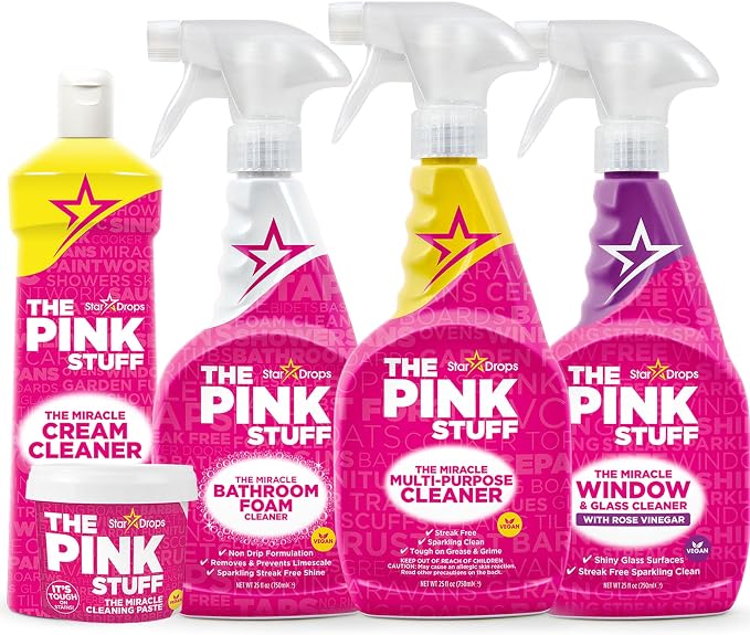 Stardrops The Pink Stuff Miracle Cleaning Bundle – Multi-Purpose Paste, Spray, Bathroom Foam Cleaner, Window & Glass Cleaner, and Cream Cleaner – Complete All-Purpose Home Cleaning Kit