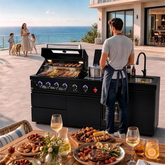 84.7" 4-Burner Modular Outdoor Kitchen Island, 72000 BTU Propane Gas Grill | 4 Burners & Side Stove, Rear Infrared, Marble Countertop, Fridge, 360° Pull-Out Faucet, Sink, Warming Rack, Storage Cabinet