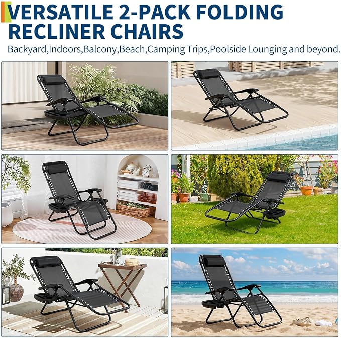Garvee Outdoor Lounge Chairs Set of 2 Relaxing Recliners Patio Chairs,Zero Gravit y Lounge Chair Beach Chairs with Pillow and Cup Holder