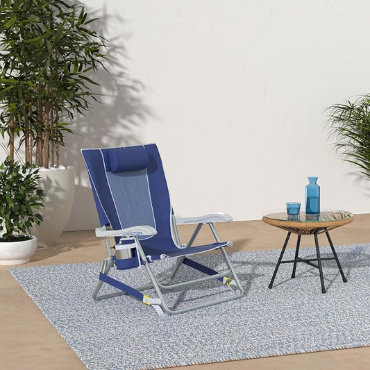 GCI Outdoor Backpack Beach Chair | Reclining Folding Chair with Durable Armrests, Drink Holder & Carry Straps, Perfect for Beach Trips & Picnics — Nautical Blue