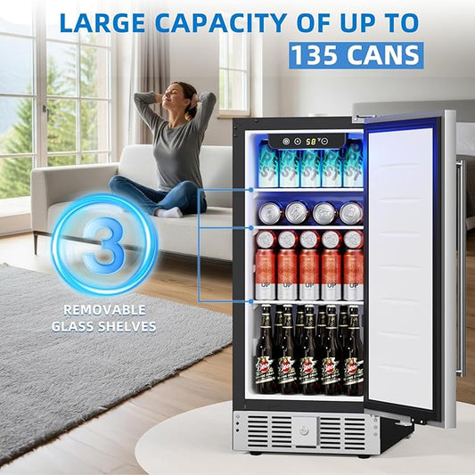 Antarctic Star 15 Inch Outdoor Beverage Refrigerator, 135 Can Stainless Steel Mini Fridge, Undercounter Built-in or Freestanding, Fast Cooling Low Noise Wine Cooler for Home Patio, 32-50°F