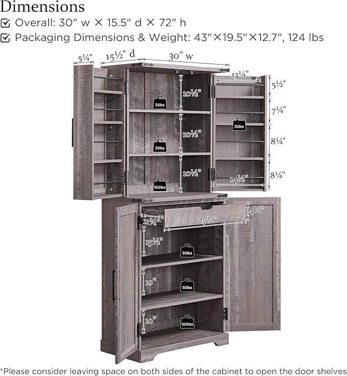 ACCOHOHO 72" Tall Kitchen Pantry, Farmhouse Storage Cabinet with Barn Doors, Organizer, Drawer and Adjustable Shelves, Rustic Wood Cupboard for Kitchen, Dining Room, Bathroom and Hallway, Rustic Grey