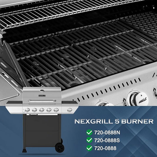 Grill Replacement Parts for Nexgrill 5 Burner 720-0888, 720-0888N, 720-0888S, 4 Burner 720-0830H, 17 Inch Cast Iron BBQ Grill Cooking Grates, Burner Tubes, Grill Heat Shields Plates, Grill Igniters.