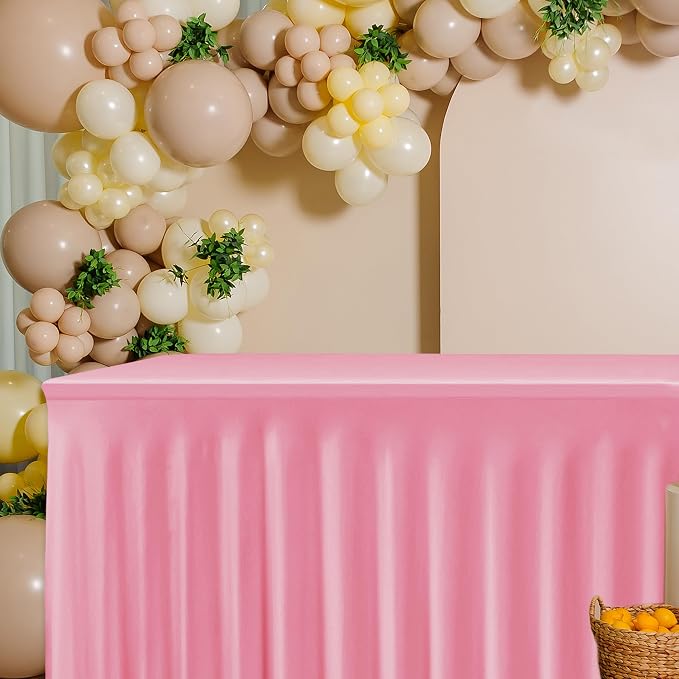 6 Pack Pink Spandex Table Covers 6ft Rectangle Ruffle Skirts for Party | Elastic Table Covers 6 Foot, Pleated Fitted Table Cloths, Wrinkle Resistant Elegant Table Skirts Wedding, Banquets
