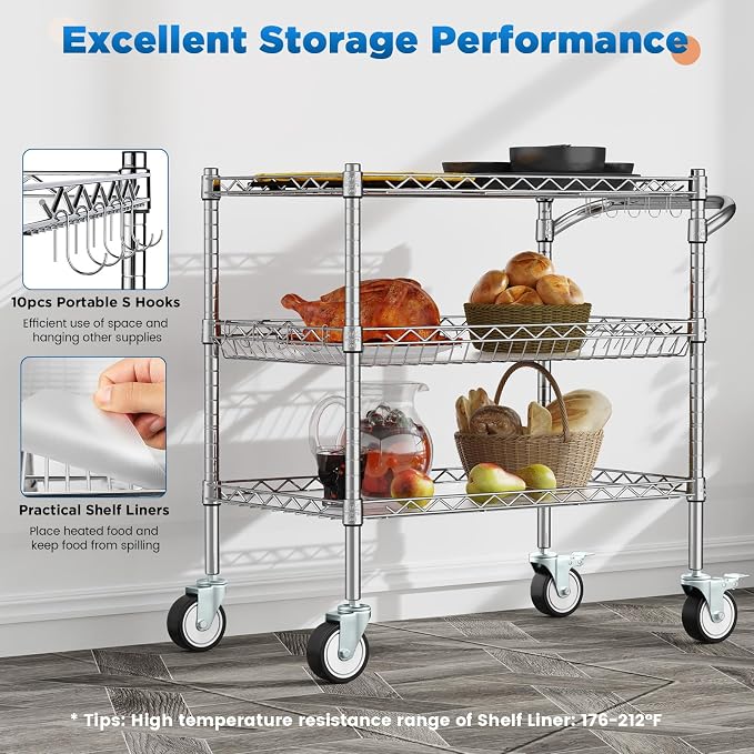 Leteuke 3 Tier Rolling Carts with Wheels, Heavy Duty Rolling Utility Cart | NSF Commercial Grade Metal Cart with Handle&Shelf Liner,Trolley Serving Cart for Kitchen,Restaurant,Plant Display,Chrome