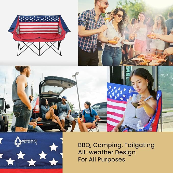 ARROWHEAD OUTDOOR Portable Folding Double Duo Camping Chair Loveseat | 2 Cup and Wine Glass Holder, Carrying Bag, Supports up to 500lbs, Beach, Tailgating, Fishing, Patio, Hunting, Backyard
