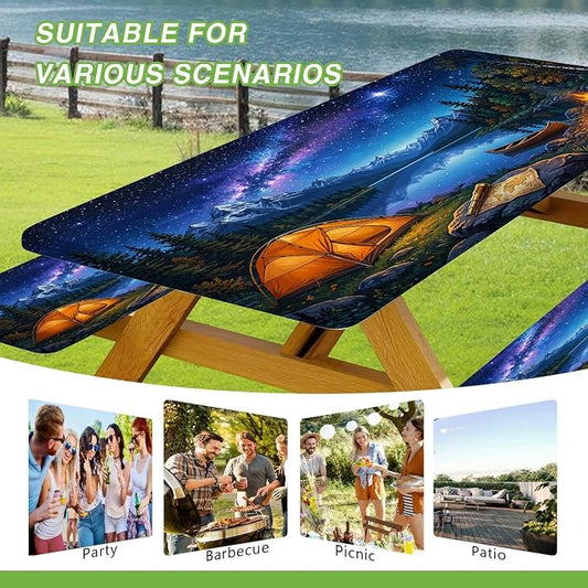JAWO Starry Night Mountain Lake Tent Camping RV Camper Picnic Table Cover with Bench Covers, Camper RV Essentials Gear Supplies Outdoor Waterproof Windproof Tablecloth with Elastic, 30X96in