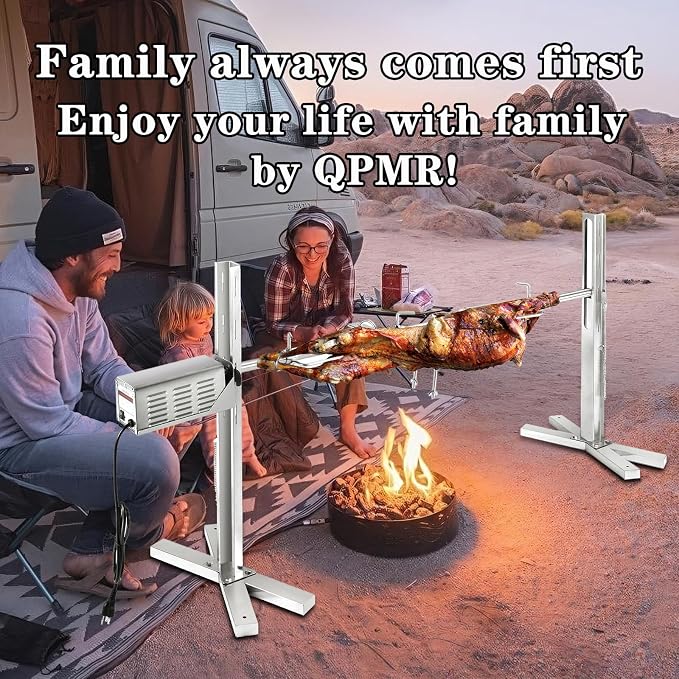 QPMR Rotisserie Grill Kit, 52" Outdoor Electric Stainless Steel Tripod Rotisserie Stand, 90LBS Pig Spit Rotisserie Grill, Height Adjustable BBQ Rotisserie Kit, Pig Rotisserie Hog Lamb Campfire