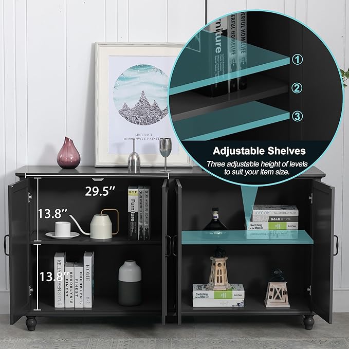 Scurrty 62'' Coffee Bar Cabinet Kitchen with Storage, Buffet Cabinet with Storage, Sideboard Buffet for Dinning Room, Kitchen & Living Room (4 Doors, Black)
