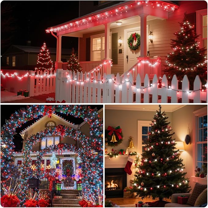 Christmas String Lights, 105ft 300 LED Christmas Tree Lights | 8 Modes Memory Function & Timer- UL Certified Outdoor Indoor Christmas Fairy Lights for Tree, Garden, Party(Red + White)