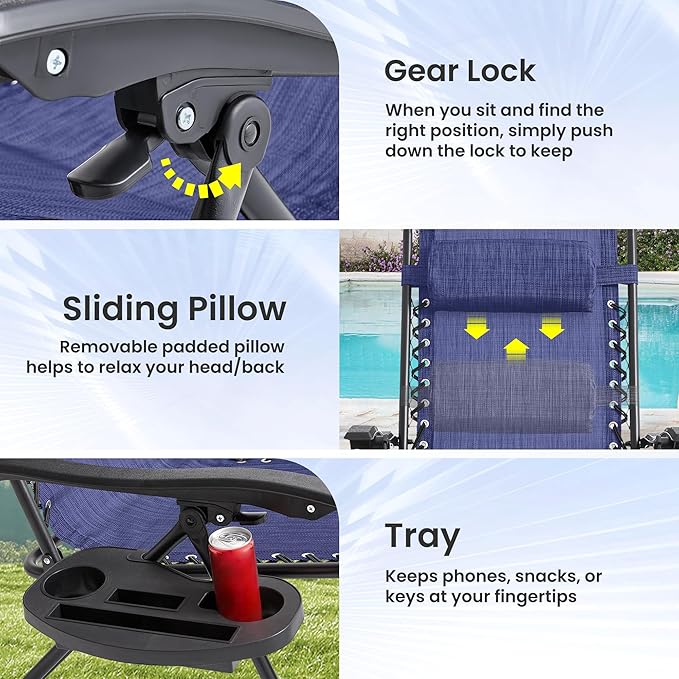 Zero Gravity Chair Set of 2 Oversized Folding Recliner, Padded Anti Gravity Lounge Chair with Adjustable Pillow & Cup Holder for Outdoor Camping, Patio, Poolside, Lawn (Blue)