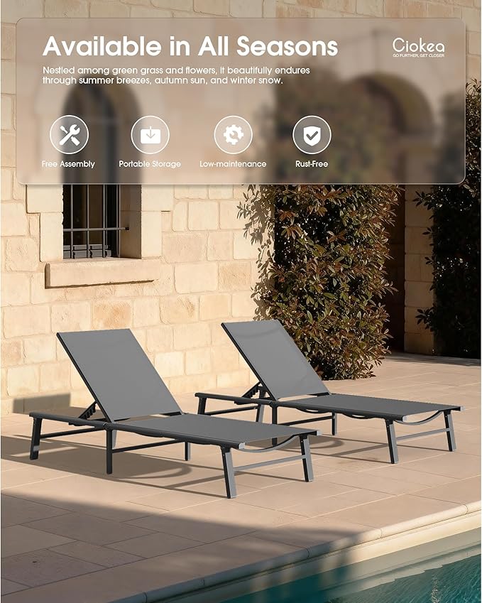 Ciokea Foldable Outdoor Lounge Chair Set of 4 with 3 Aluminum Side Table, No Assembly Aluminum Chaise Lounge Outdoor with 5-Positions & Portable Design for Poolside, Beach, Deck, Patio, Grey