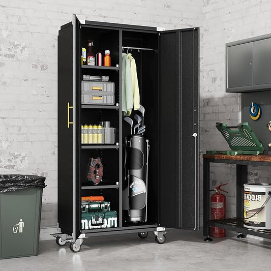 erosoei 71" Broom Storage Cabinet, Cleaning Tool Storage Cabinet, Garage Utility Storage with Hooks and Hanging Rods, Heavy Duty Garden Tool Organizer, for Home, Garage, Laundry Room, Gym, Workshop.