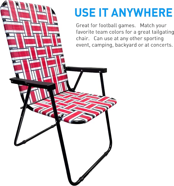 Lawn Chair Folding Steel Webbing Chaise Patio Lounger Seat Wood Handles Great for Camping, Beach, Fishing, Backyard, Stadium, Pool, Boating, and Sports 2 Pack Red/Blue
