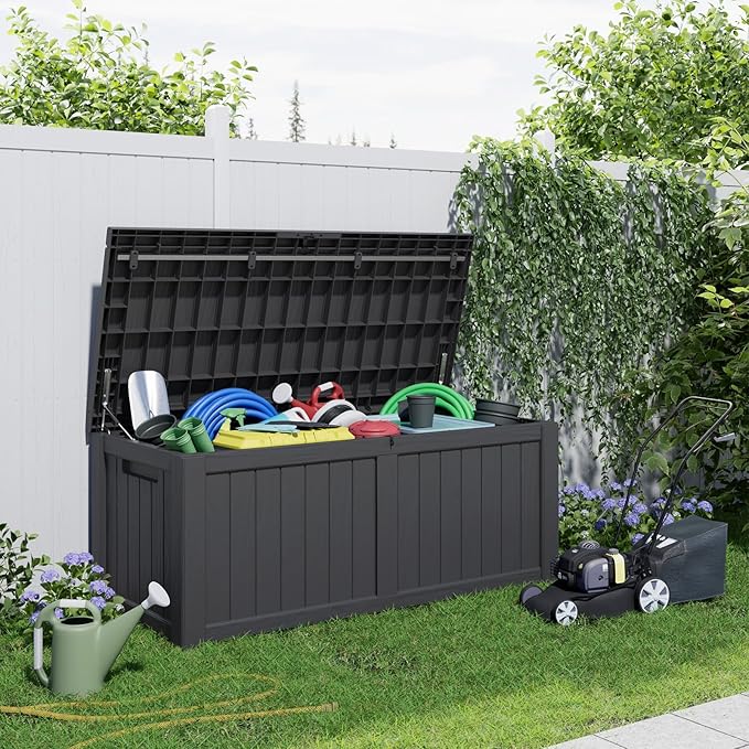 PatioZen 150 Gallon Deck Box,Resin Outdoor Storage Box with Lockable for Patio Furniture, Pool Tools, Garden Tools Waterproof Outside Storage Box, Black